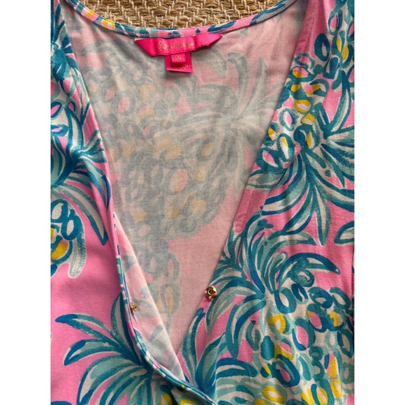 Lilly Pulitzer Pink Pineapple Sleeveless Wrap Dress Ruffle Hem Medium - Picture 4 of 10